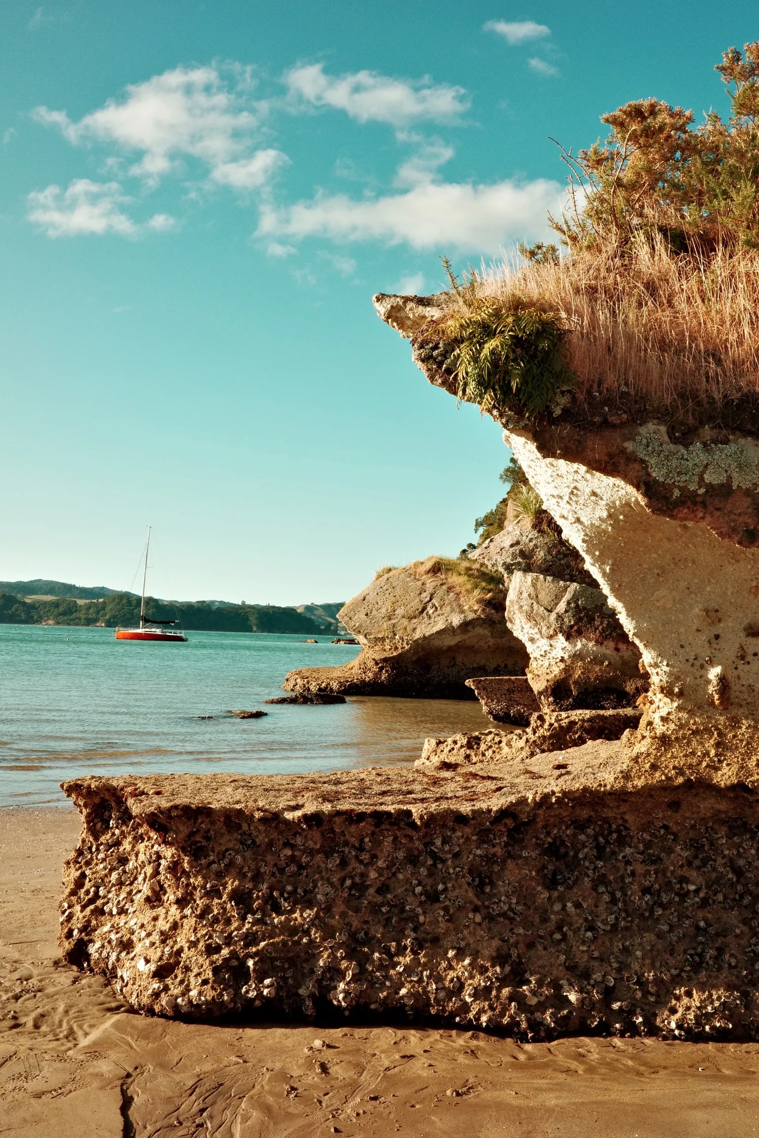 Photo of a rock carved by water at low tide