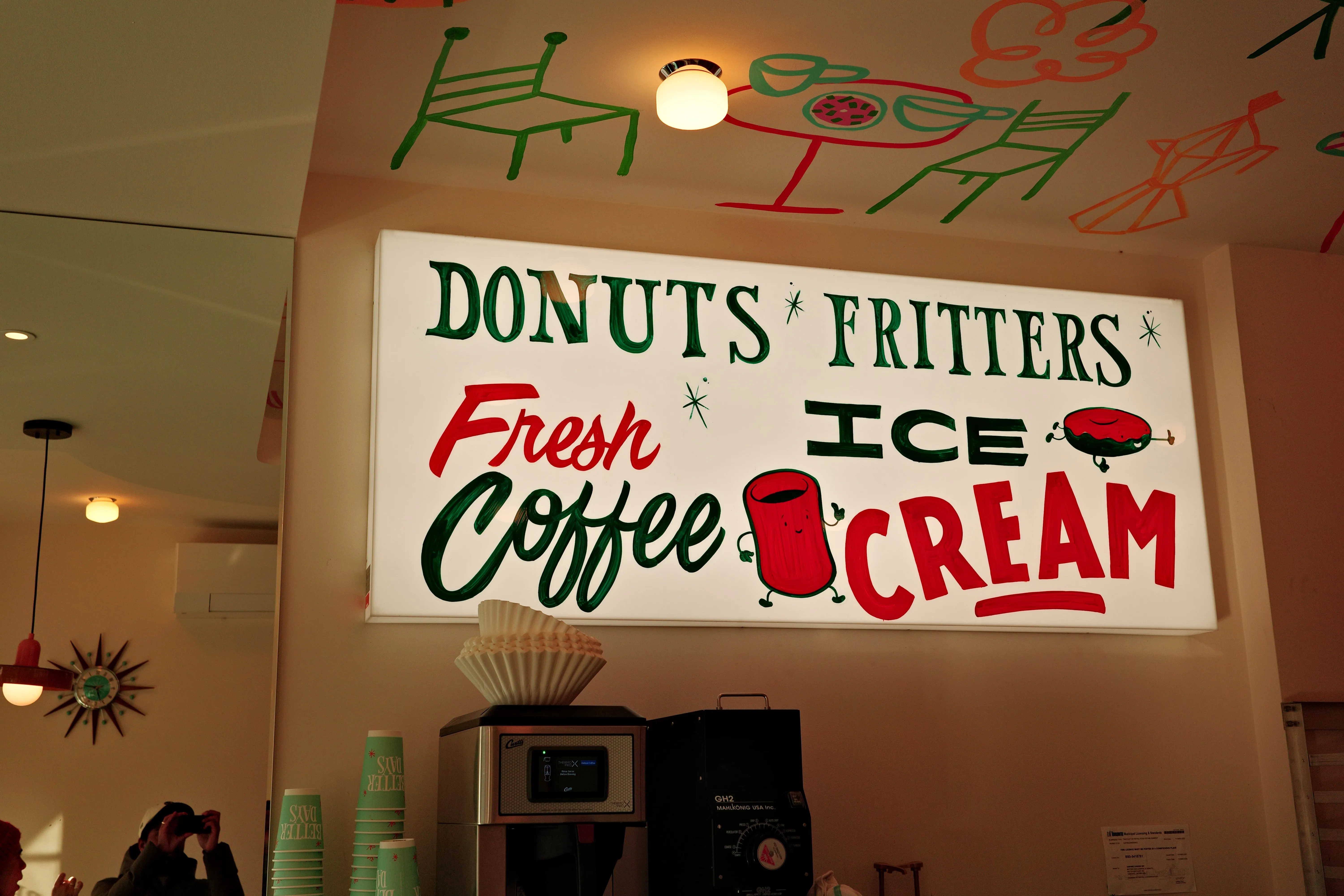 Photo of an interior donut shop sign that reads: "Donuts, Fritters, Fresh Coffee, Ice Cream"